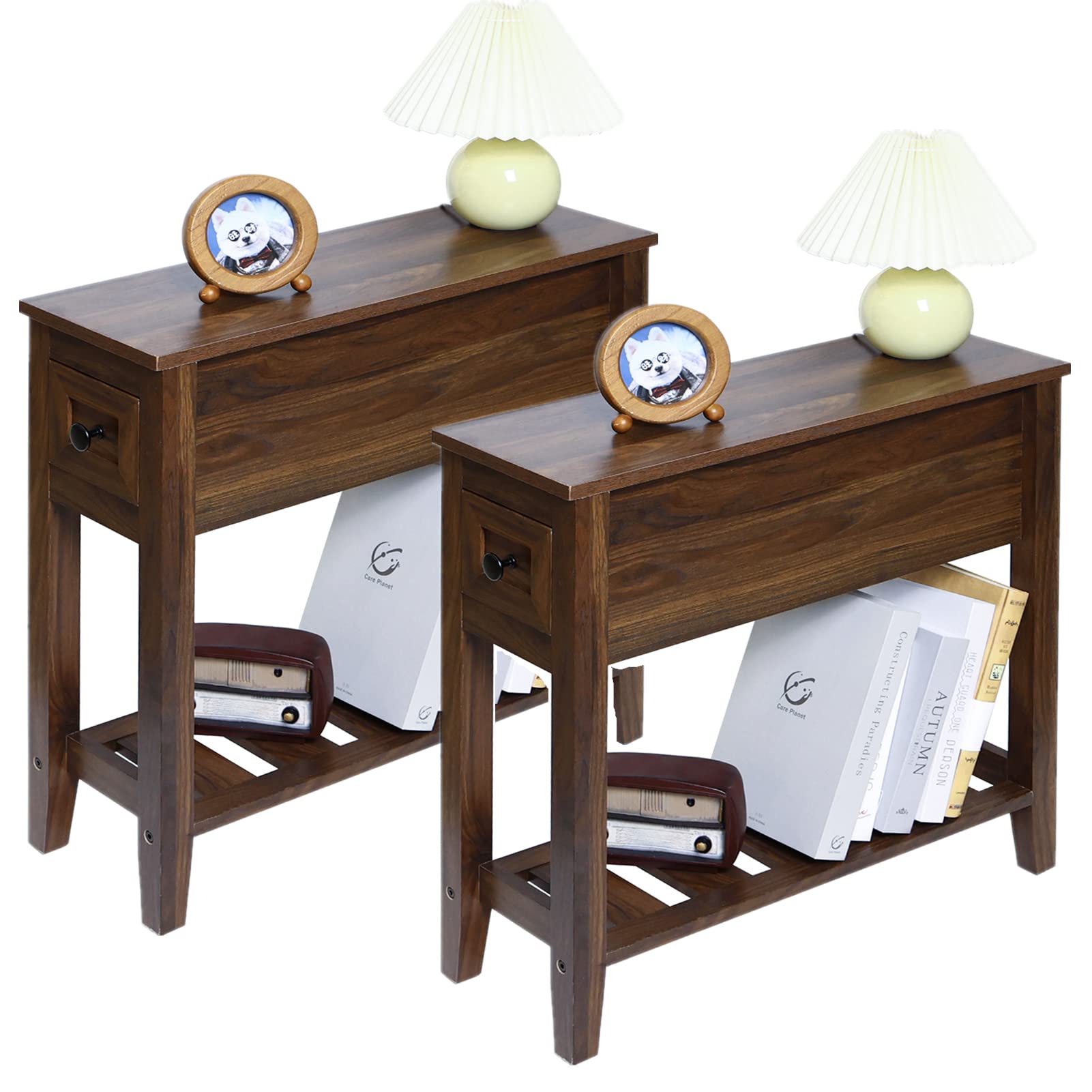 Lusuowlz 2 Pack Chairside Narrow End Table With Drawer, Solid Recliner Side Table With Storage Shelf, Slim Nightstand Bedside Ta